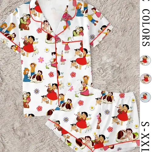 Cute Cartoon Pajama Set, Heidi & Puppy Print, Soft Short-Sleeve Button-Up Top and Shorts, High-Quality 2-Piece Fun Sleepwear Loungewear