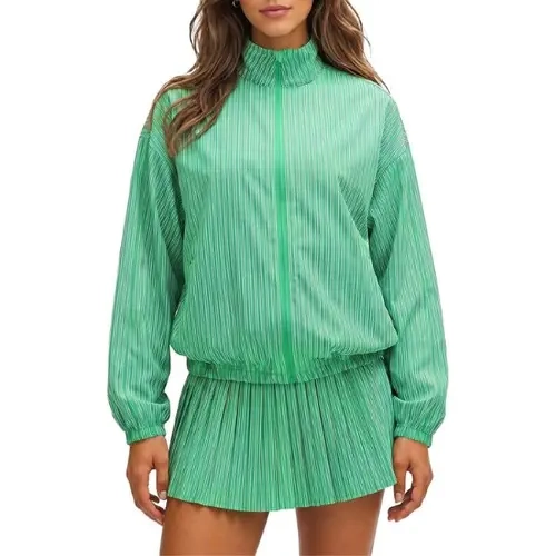 Fisoew Women's Vertical Striped 2 Piece Outfit Stand Collar Full Zip Cropped Windbreaker Jacket + High Waist Pleated Mini Tennis Skirt Matching Tracksuit Set,sohochic