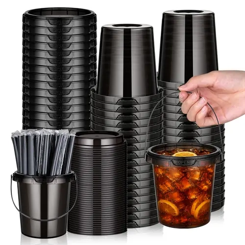 30-Set 24oz Lightweight Reusable Black PP Plastic Drink Cups Kit with Lids, Straws & Handles, Leak-Proof Festival Party Supplies for Halloween Events, Food Truck Needs, Birthday Cups, Business,sohochic