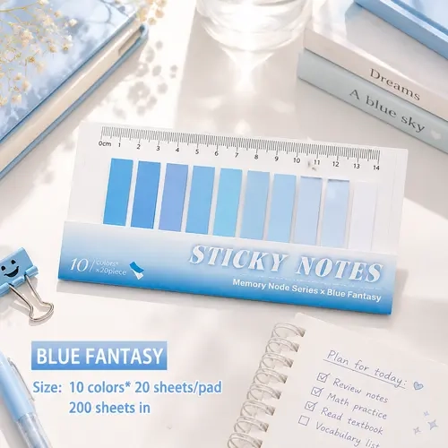Blue Fantasy Gradient Index Sticky Tabs, 10 Pastel Blue Shades 200 Sheets Page Marker Sticky Notes with Ruler Cover, Aesthetic Transparent Index Labels for Book Annotating School Journal Planner Supplies