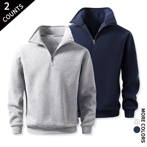 Men's 2-Pack Quarter-Zip Cozy Sweatshirts - Classic Stand Collar Long-Sleeve Casual Activewear for Cycling, Daily Wear, Fitness Casual Layering