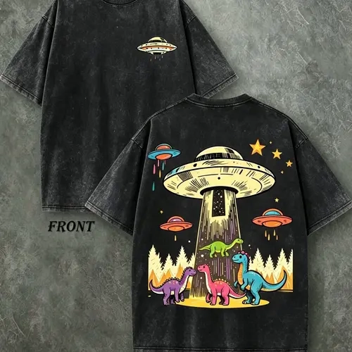 Vintage UFO Abducting Dinosaurs Front Back Double Print T-Shirt, Washed Black Oversized Cotton Crewneck Tee, Retro Alien Spaceship Dinosaur Forest Star Outer Space Funny Meme Streetwear Gift Top
