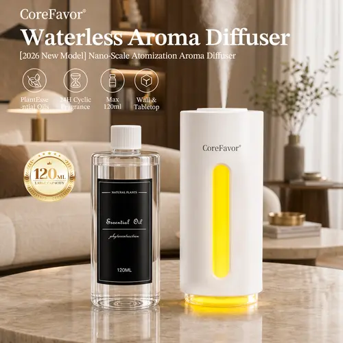 CoreFavor Waterless Essential Oil Diffuser with 120ml Essential Oil, Rechargeable & Wall-Mountable, Portable Cold Air Aroma Diffuser, Battery-Operated Scent Machine with 6 Mist Modes, 5 Color LED Lights for Bedroom, Office, Bathroom & Car,sohochic