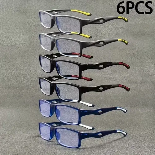 6 Pairs Sports Reading Glasses Set, Anti-Blue Light Protection, Non-Slip Lens Tips, +1.0 to +4.0 Diopters, Men's Backup Eyeglasses for Indoor & Outdoor