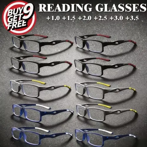 10 Pairs Square Frame Reading Glasses, Unisex Retro Fashion, Lightweight Durable High-Quality Eyewear, Suitable for Sports, Casual & Daily Use, Multi-Pair Set, Reading Eyeglasses