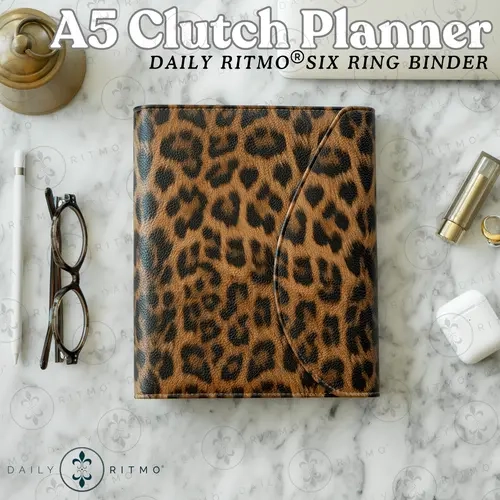 DAILY RITMO A5 Leopard Print PU Leather 6-Ring 30mm Binder Clutch Planner, All-in-1 Daily Organization Binder Cover, 160 Pages, Ideal for Students/Teachers, Mother's Day Gift Option