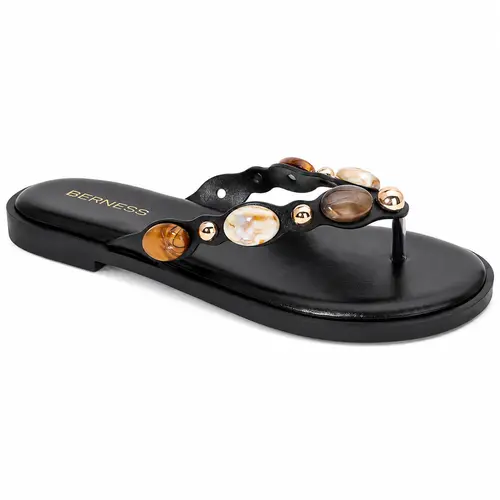 BERNESS Phila Women's Plain Slip-On Flat Sandals - Elegant Casual Beach Wear, Embellished Thong Flip Flops with Shell-Look Beads, Gold-Tone Accents, Unique Design