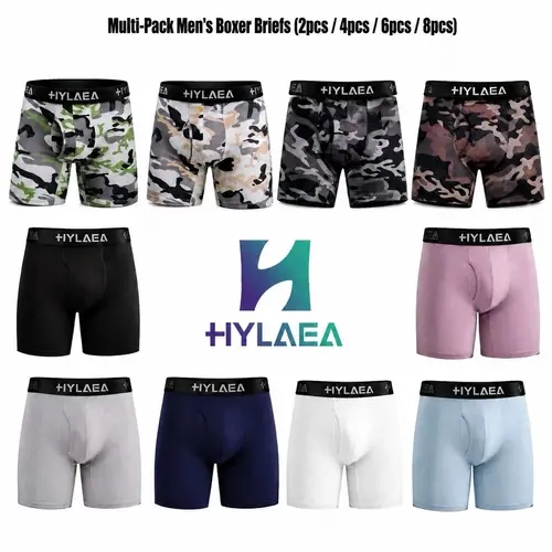 Men's Multi-Pack Bamboo Fiber Performance Boxer Briefs - Natural, Classic Menswear, Athletic Sports Underwear, Cooling Plants-Based, 3D Contour Pouch, Anti-Odor, No-Chafe 5-Inch Legs, Camouflage Option, Breathable, for Daily Wear, Commuting