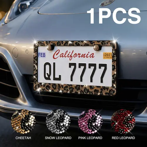 Queen’s Land 1PCS Bling Leopard License Plate Frames with Crystal Rhinestones, Sparkle Girly Car Accessories, Bling Car Decor for Girls Women Pink Red Black Leopard Car Accessories for Truck SUV