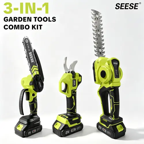 SEESE Cordless Garden Tool Combo Kit with Electric Pruning Shears, 900W Mini Chainsaw with Automatic Oil System & Electric Hedge Trimmer | 21V Battery Powered Tools for Tree Trimming, Branch Cutting, Yard Work & Gardening