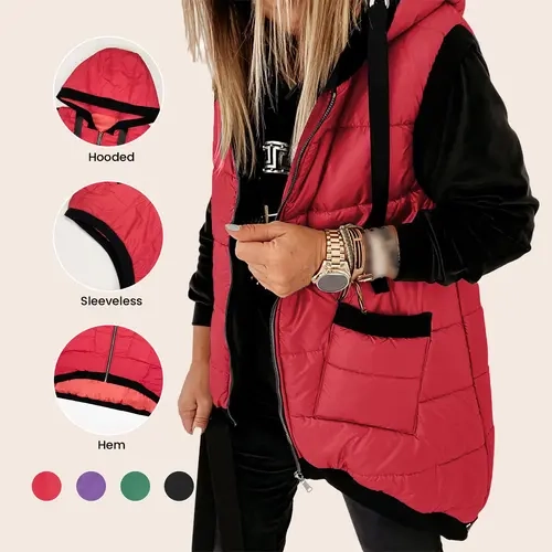 Aswulk Women Hooded Quilted Padded Vest, Thick Zip Up Sleeveless Jacket With Big Pockets, Front Short Back Long Casual Layering Gilet