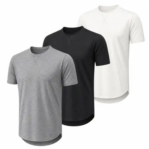 3 Pack Men's T Shirts Crewneck Short Sleeve T-Shirt Summer Tops | Longline Hip Hop Style, Soft Stretch Fabric, Loose Fit Coverage，Curved Hem, Travel, Weekend, Music Festival & Daily Wear