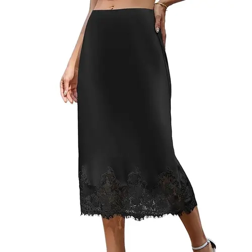 Bsubseach Satin Skirt for Women Midi Lace Trim Skirt Silk A-Line Elastic Waist Elegant Casual Skirts for Work, Party, Wedding