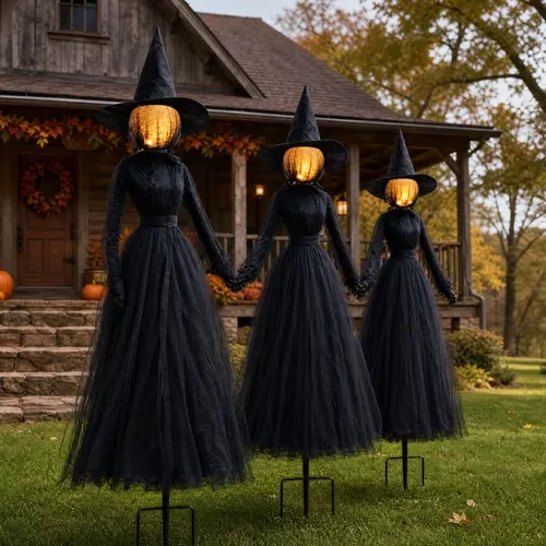 Hourleey 3-Pack 6 FT Spooky Lighted Witch Stakes with Circle Insert, Built-In Light Glowing Faces, Hand-Holding Pose, Witches Broom Stick, Durable Outdoor Halloween Yard Garden Decorations