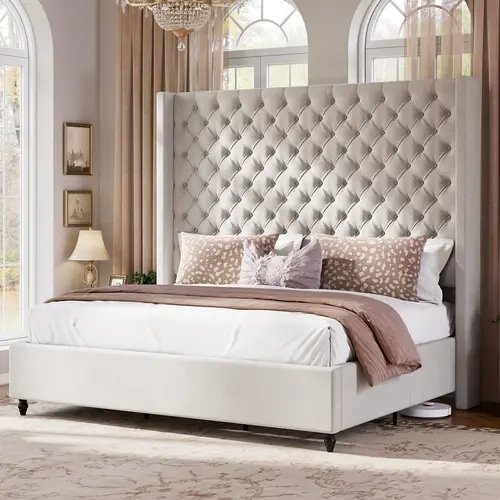 ALBOTT Platform Bed Frame with 63"/65" Tall Upholstered Wingback Headboard, Handcrafted Pleats, Deep Button Tufted, Solid Wood Legs, Modern Bedroom Decor, No Box Spring Needed, Requires Assembly, Cream/White/Grey[tiktokshopbacktoschool][SohoChic]