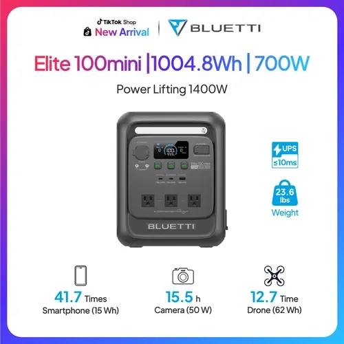 [New Arrival] BLUETTI Elite 100 MINI Portable Power Station, 1kWh LiFePO₄ Battery, Solar Generator for Home Backup, Camping, RV, Road Trips, Outdoor Adventures, Power Outages & Emergency Power, Optional 100W-350W Solar Panel