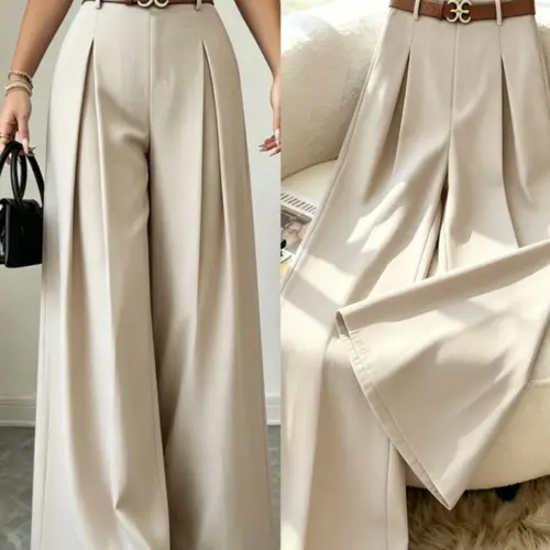 High-Waisted Pleated Wide-Leg Suit Pants for Women, Basic, Loose Fit, Baggy, Solid Pattern, All Seasons, Casual Office Wear, Long Trousers