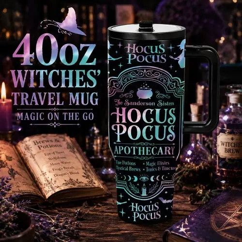 1 Pc 40oz Hocus Pocus Halloween Thermal Insulated Tumbler with Handle, Double Wall Vacuum Travel Mug, Leak-Proof Lid, Keeps Cold 24 Hrs & Hot 12 Hrs, Witch Magic Potion Design Coffee Cup, Perfect Gift for Halloween, Party, Office, Travel & Daily Use