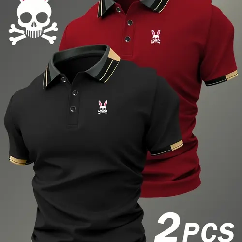 2-Pack Men's Casual Graphic Print Summer Polo Shirts, Fitted Stretch Breathable Short-Sleeve Tops, Comfortable and Durable Everyday Wear