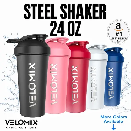 VELOMIX 24oz Stainless Steel Insulated Shaker Bottle - Wire Whisk, Wide Mouth Lid, Leakproof Seal, Clump-Free, Odor-Resistant Hand Wash Cup for Fitness Hydration, Outdoor Sports (Insulation Feature Included)