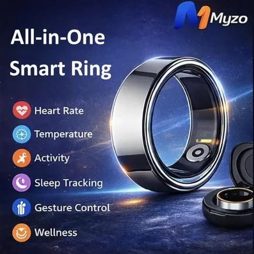 Myzo R09 All-in-1 Smart Wearable Ring - Multi-sensor Health Monitoring Device with Body Temp, HRV, Heart Rate, Stress, Menstruation Tracking, Steps, Calories Counter, App Sync, Gesture Ctrl, Remote Control,sohochic