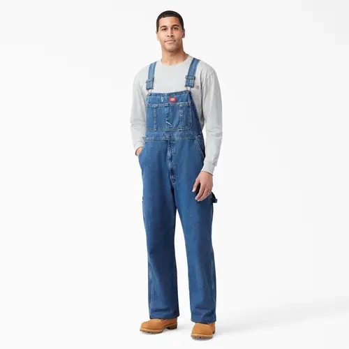 Dickies Stonewashed Indigo Bib Overalls,Durable Wear,Multiple Pockets,Hammer Loop,Classic Workwear Style