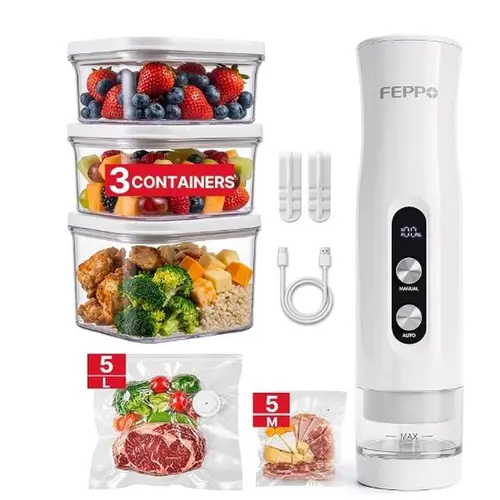 [Buyer Exclusive]FEPPO Compact Vacuum Sealer for Food,  Anti-Overflow Handheld Vacuum Sealer Machine with 3 Containers & 10 Reusable Bags, -65kPa Powerful Suction, Auto & Manual Modes, Portable Food Vacuum Sealer for Kitchen, Travel, RV