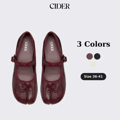 Cider BUCKET SPLIT TOE MARY JANE FLATS SohoChic-Wrinkled Leather Shoes, Sock-Like Ribbed Trim, Buckle Strap, Women's Fashion Flats