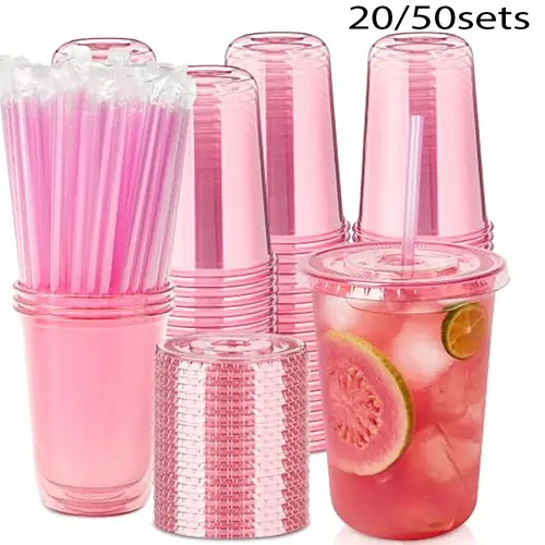 20/50 Sets 16oz Plastic Party Cups with Lids and Straws, Disposable Iced Coffee Cups, Round Bottom Drinking Cups #GLOBAL PICKS