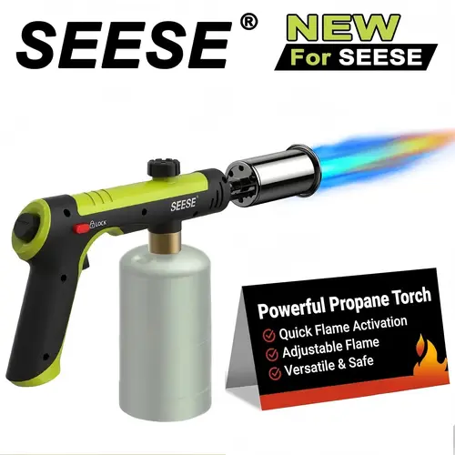SEESE Powerful Propane Torch(Propane Tank Not Included),With One-Touch Max Fire Button and Safety Lock, Adjustable Blow Torch for Sous Vide Searing Steak, BBQ,Fireplace,Charcoal Wood