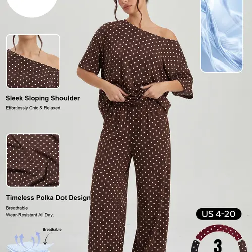 Katch Me Chic(US/CN)Women's Vibrant Polka Dot Sloping Shoulder Top & Wide Leg Trousers Co-ord, Breathable Loose Short Sleeve 2-Piece Set for Spring & Summer, Stretch Pill-Resistant Soft Daily Outfit #TikTokMadeMeBuyIt #SummerEssentials #MatchingOutfit