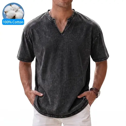 Men's 100% Cotton V-Neck Short-Sleeve Tee, Vintage Summer New Arrival, Loose Casual Top, Stylish Versatile Men's T-Shirt,sohochic
