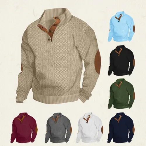Men's Stand Collar Jacquard Knit Pullover Sweater, Micro Stretch 100% Polyester Long Sleeve Elbow Patch Casual Outdoor Sweatshirt for Spring Autumn, Textured Knit Top,clothes for back to school,first day of school outfits,sohochic