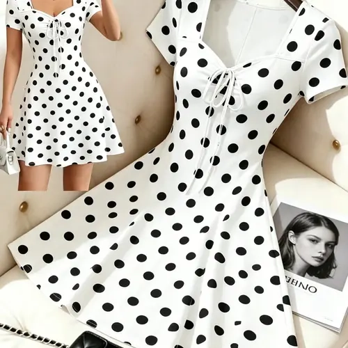 Summer New Square Neck Drawstring Polka Dot Dress, Waist Cinch A-Line Skirt, Elegant Short Women's Dress, Fashionable Summer Beach Holiday Dress