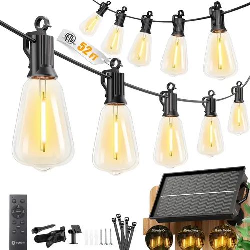 HOODINK Solar Outdoor Lights, 120FT Waterproof 24V Solar String Lights with 30+1 Shatterproof LED Edison Bulbs, Remote, 8 Lighting Modes, Dimmable, 0.5ft Tail Wire, 1800mah Battery for Backyard, BBQs, Camping Trip, 24V Solar Powered