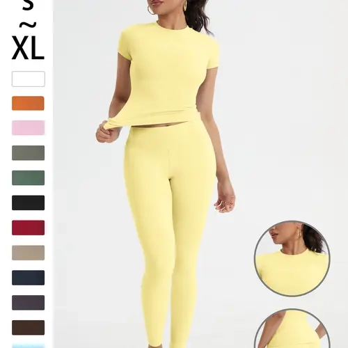 2-Piece Solid-Color Athletic T-Shirt Set Women's Sportswear Set, Slim-Fit RoundNeck Short Sleeves & High-Waisted YogaPants, Ideal for Gym Running OutdoorActivities,  Stretchy Suit Set, Fitness Outfits,Workout Running Outfits-8627, 2 Piece Sets, Women's Cl