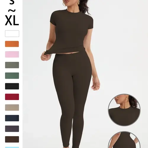 2-Piece Solid-Color Athletic T-Shirt Set Women's Sportswear Set, Slim-Fit RoundNeck Short Sleeves & High-Waisted YogaPants, Ideal for Gym Running OutdoorActivities,  Stretchy Suit Set, Fitness Outfits,Workout Running Outfits-8627, 2 Piece Sets, Women's 2