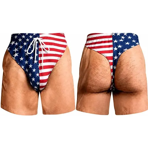 Men's Novelty Patriotic Swim Trunks - American Flag Freedom & Chill Quick Dry Beach Shorts with Mesh Lining - Funny Ugly Summer Hawaiian Shirt Vacation Gifts for Him