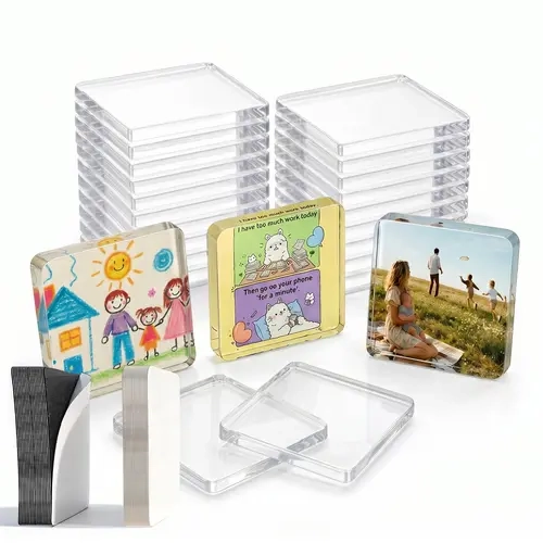 20Pcs Metal Fridge Magnets - DIY Acrylic Photo Frames with Magnet & Adhesive Backing, Bulk Craft Kit Including 26 Blank Cards & Organizer Box for Office Decor & Gifting,sohochic