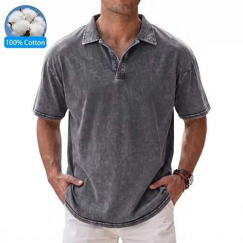 Men’s 100% Cotton Short Sleeve T-Shirt for Summer – Casual, Versatile Solid Color, Loose Fit, Slimming, Turn-down Collar,sohochic