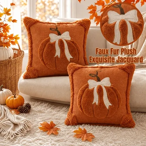 2-Pack 3D Jacquard Pumpkin Pillow Covers - 18x18 in 2-Piece Set with Bow Accent for Thanksgiving, Farmhouse Look Decor (Covers Only)