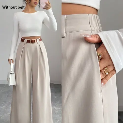 2026 Simple Solid Color Short Sleeve Top and High Waist Wide Leg Pants Set, Two-Piece with Belt, Slimming Effect, All Seasons Clothes