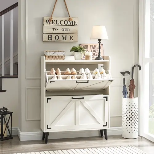 PieDle Shoe Storage Cabinet with 2 Flip Drawers, Farmhouse Hidden Shoe Organizer, Narrow Slim Shoe Rack Cabinet for Entryway Hallway