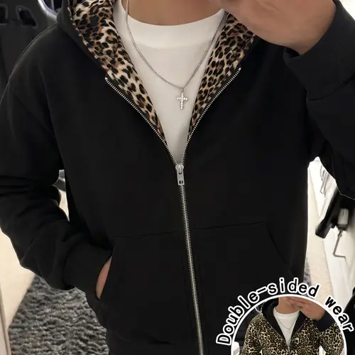 Men’s cotton-blend zip-up hooded sweatshirt, solid color outer layer with leopard print lining, reversible for both sides, loose long sleeves, street-casual jacket with pockets