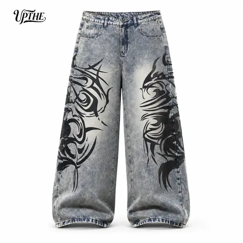 Men's Tribal Print Oversized Baggy Jeans - UP.THE Abstract Tiger Full Print, Faded Acid Wash, Stacked Hems, Loose-Fit, Y2K Hip Hop Skater Fashion Streetwear Daily Casual Pants