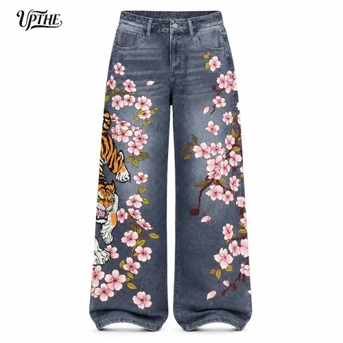 UP THE Japanese Ukiyo-e Sakura Tiger Full Print Oversized Wide Leg Baggy Jeans Men Dark Raw Wash Stacked Denim Pants Y2K Hip Hop Oriental Streetwear Daily Casual Outfit