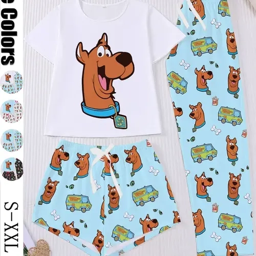 3-Piece Cartoon Dog Print Women's Pajama Set, Short Sleeve Round Neck Top, Elastic Shorts and Pants, Elegant Daily Wear, Holiday Party Clothing, Loungewear