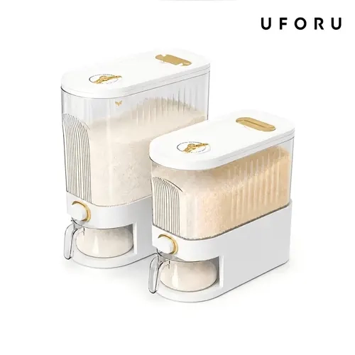 UFORU Rice Dispenser with Measuring Cup - Kitchen Gadgets, Time Scale, Dustproof, Stackable, Durable Plastic, Multi-Compartment Food Storage Container, High Cap, Freshness-Preserving for Kitchen Organization (Soybeans, Corn, Cereals, Pet Food), Storage Or
