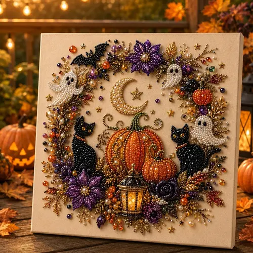 Halloween Ghost Theme 3D Pearl Diamond Art DIY Kit, Spooky Cute Beginner Needlework Craft, Fall Home Decor Wall Art Party Gift,sohochic