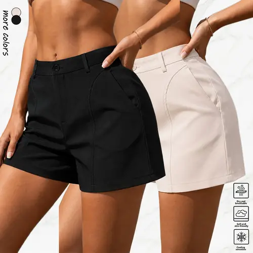 Women's High-Waisted Solid-Color Straight-Leg Suit Shorts Bottoms, 1-Pack, Fitted Basic Elegant Style, Suitable for Office & Formal Casual Summer Outfits, Polyester